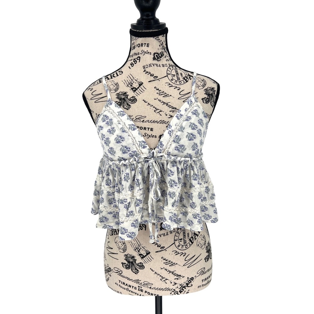 Urban Outfitters Floral Babydoll Crop Medium Blue‎ White Boho Festival Cottage